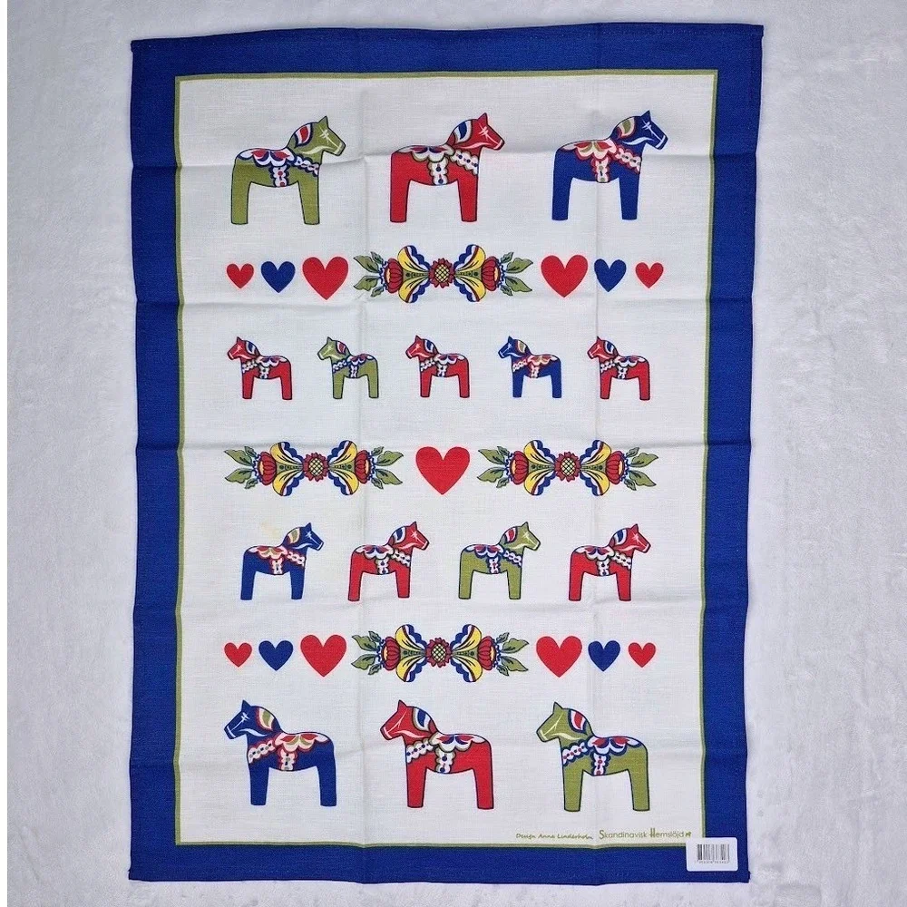 Skandinavisk Hemslojd Tea Towel White Blue Dala Horse Linderholm